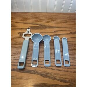 Vintage 5pc Blue Measuring Spoons & Bottle Opener Kitchen Bar Tool MK Taiwan